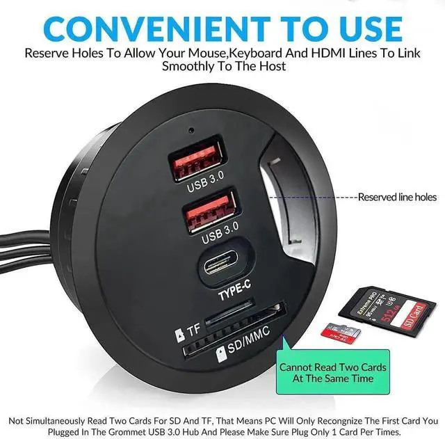 Alt view image 3 of 6 - WRIARICH 60MM 2.36 Inch Desk Grommet USB 3.0 Hub, Embedded Desktop Multiport Hub with 2 USB-A 3.0 + 1 USB-C, SD TF Card Reader, Supports Simultaneous Data Sync & Device Charging
