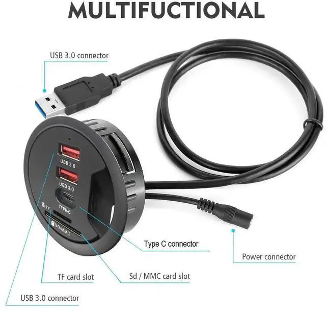 Alt view image 5 of 6 - WRIARICH 60MM 2.36 Inch Desk Grommet USB 3.0 Hub, Embedded Desktop Multiport Hub with 2 USB-A 3.0 + 1 USB-C, SD TF Card Reader, Supports Simultaneous Data Sync & Device Charging
