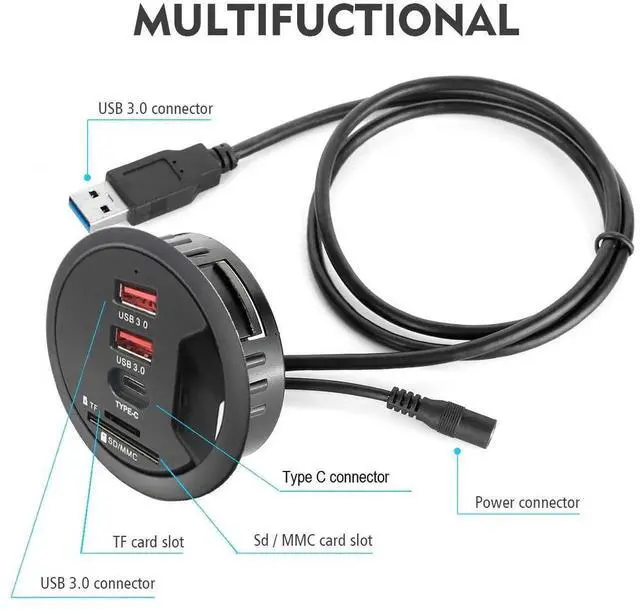 Alt view image 4 of 6 - WRIARICH 60MM 2.36 Inch Desk Grommet USB 3.0 Hub, Desktop Hole Fit Multiport Hub with 2 USB-A 3.0 + 1 USB-C Port, SD TF Card Reader, Support Data Sync & Charging for Office Desktop