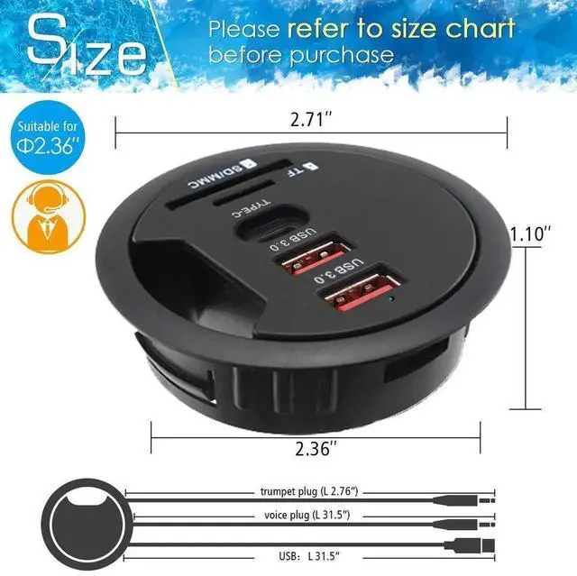 Alt view image 3 of 6 - WRIARICH 60MM 2.36 Inch Desk Grommet USB 3.0 Hub, Desktop Hole Fit Multiport Hub with 2 USB-A 3.0 + 1 USB-C Port, SD TF Card Reader, Support Data Sync & Charging for Office Desktop