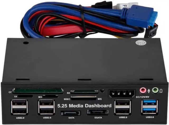 Main image of WRIARICH 5.25 Inch Multifunction Media Dashboard Front Panel, Internal Card Reader with USB 2.0, USB 3.0 20Pin Header, e-SATA & SATA Ports for Desktop PC Case