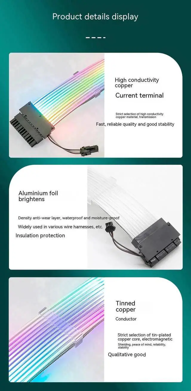Alt view image 3 of 6 - WRIARICH 24Pin Dual-Head ARGB Luminous PSU Extension Cable, 18AWG (41×0.16mm Tinned Wire) Synchronized RGB Harness for Motherboard & GPU