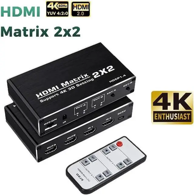 Main image of WRIARICH 2x2 HDMI Matrix Switch 2 in 2 Out with IR Remote Control, HDMI 2.0b 4K@60Hz Matrix Splitter Supports HDR, HDCP1.4, Ultra HD 4K & 3D, Model OZJ3
