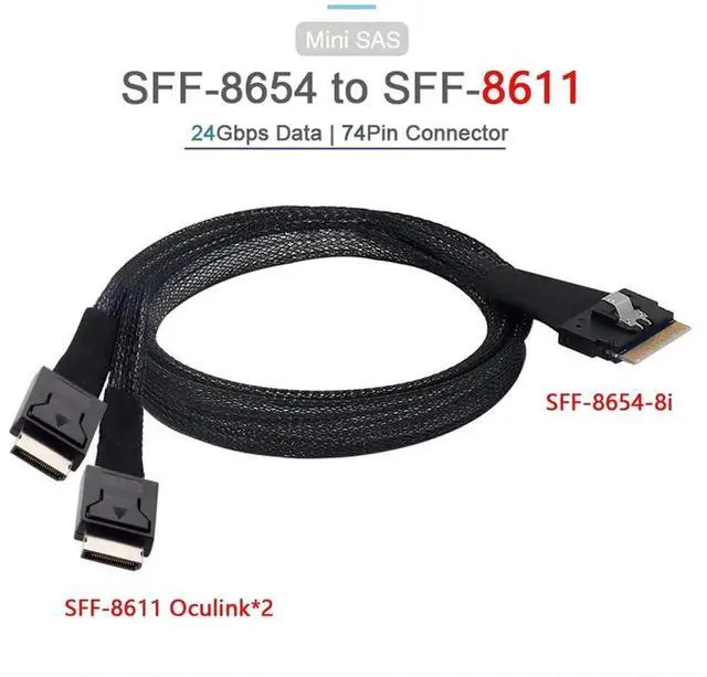 Alt view image 5 of 7 - WRIARICH 50cm PCIe 4.0 Slimline SAS Fanout Cable, SFF-8654 8i 74Pin Ultraport Slim SAS Host to Dual SFF-8611 OCuLink Storage Interconnect Cable for High Density OCP Server NVMe Expansion