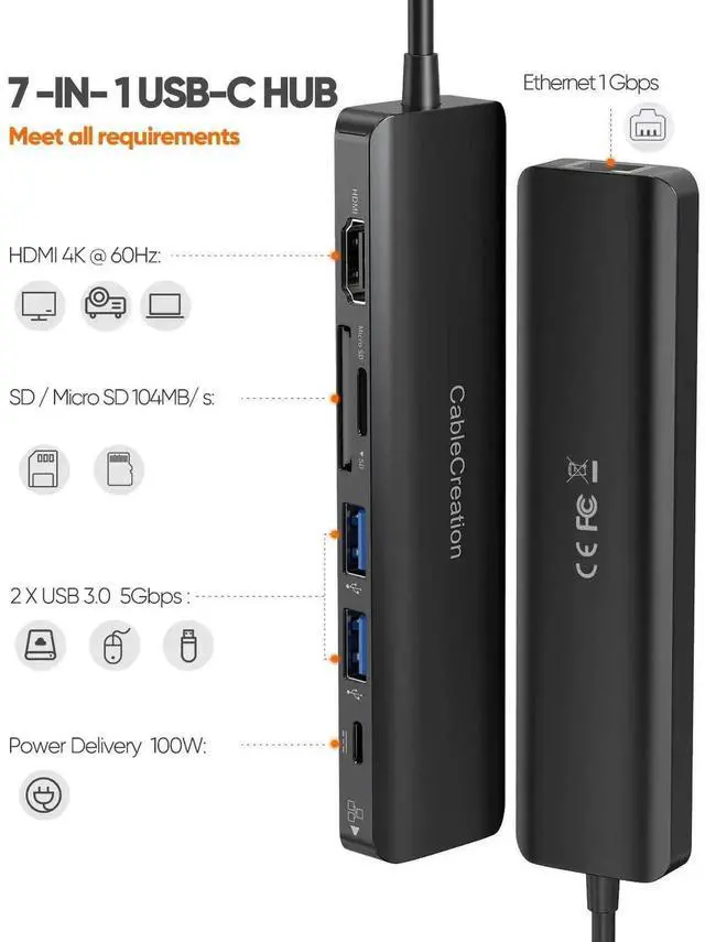 Alt view image 2 of 7 - WRIARICH 7 in 1 USB C Multiport Hub with Gigabit Ethernet, 4K@60Hz HDMI, 100W PD Charging, Dual USB3.0, SD TF Card Reader for MacBook M1/M2, iPad Pro, Dell XPS, HP Laptops