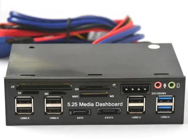 Alt view image 4 of 6 - WRIARICH 5.25 Inch Multi-Function Front Panel Media Dashboard, USB 3.0 Hub, Card Reader Support CF TF M2 SD MS, SATA eSATA Port, Audio Headphone Mic Jack for Desktop PC CD-ROM Bay