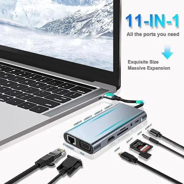 Alt view image 2 of 7 - 11 in 1 USB C Hub Multiport Docking Station, USB C Adapter with 4K HDMI, VGA, 100W Type C PD, USB3.0, Gigabit RJ45 Ethernet, SD/TF Card Reader, 3.5mm AUX, Compatible with MacBook Pro/Air & All USB C L