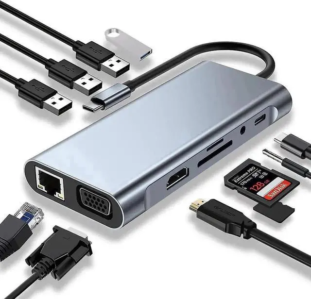 Main image of 11 in 1 USB C Hub Multiport Docking Station, USB C Adapter with 4K HDMI, VGA, 100W Type C PD, USB3.0, Gigabit RJ45 Ethernet, SD/TF Card Reader, 3.5mm AUX, Compatible with MacBook Pro/Air & All USB C L