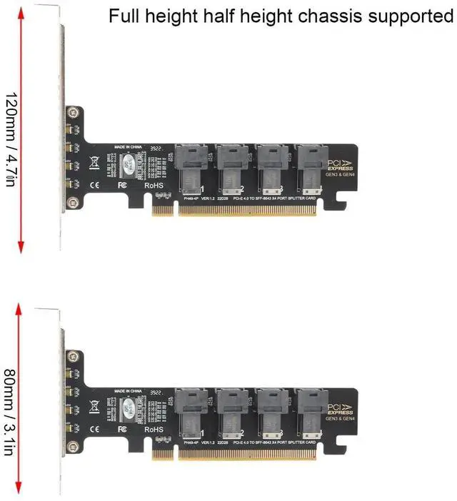 Alt view image 4 of 7 - WRIARICH PCIe 4.0 x16 to 4-Port U.2 NVMe Expansion Split Card, SFF-8643 SFF-8639 U.2 Adapter Card with Independent LED Activity Indicators for Desktop PC & Server