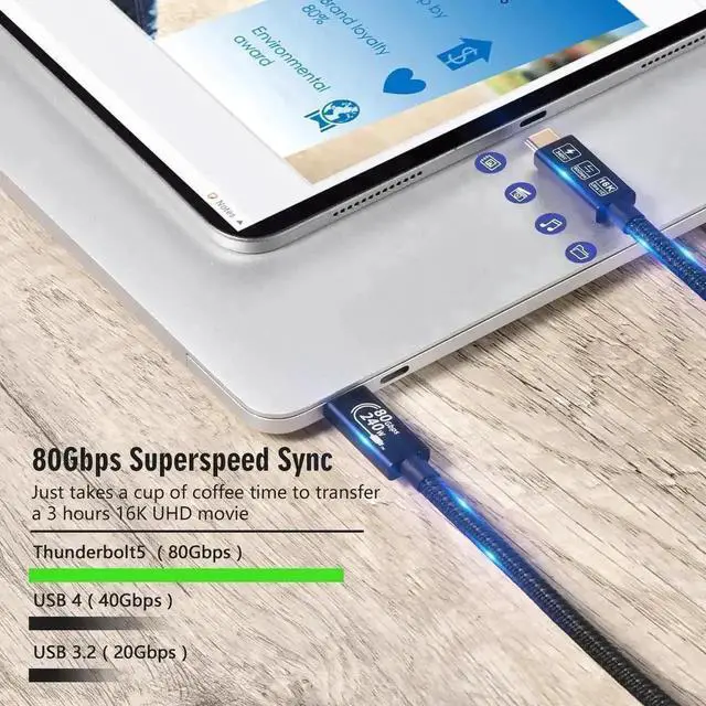 Alt view image 6 of 7 - WRIARICH 6.6FT Thunderbolt 5 & USB4 Cable, USB C to C, 80Gbps, 240W PD, 16K@60Hz Video for MacBook Pro/Air, Samsung S22, eGPU, Docking Station & GaN Charger