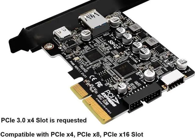 Alt view image 6 of 6 - WRIARICH PCIe 3.0 x4 USB 3.2 Gen2 10Gbps Expansion Card, External USB-C + USB-A Ports, Internal Type-E A Key & USB3.0 20Pin Header for PC Front Panel, Full & Low Profile Brackets Included