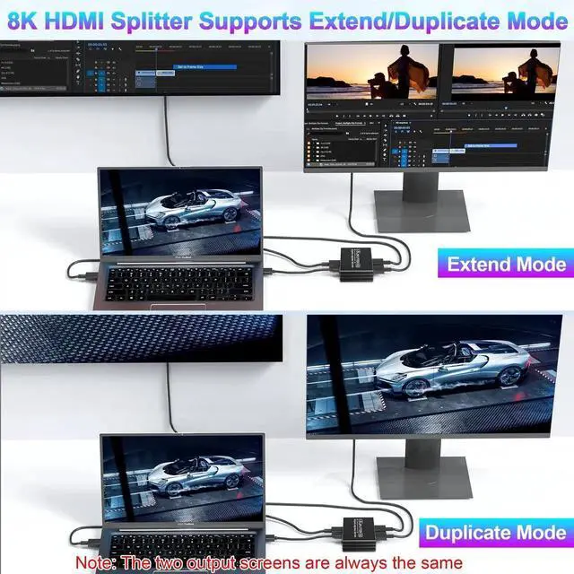 Alt view image 2 of 7 - WRIARICH 8K HDMI 2.1 Splitter 1 in 2 Out, 48Gbps 1×2 UHD Mirror Duplicator with Adjustable EDID, Support 8K@60Hz 4K@120Hz HDR VRR for PS5 PS4 Xbox HDTV Dual Monitors