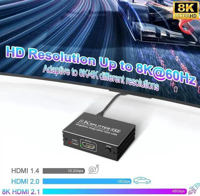 Alt view image 5 of 7 - WRIARICH 8K HDMI 2.1 Splitter 1 in 2 Out, 48Gbps 1×2 UHD Mirror Duplicator with Adjustable EDID, Support 8K@60Hz 4K@120Hz HDR VRR for PS5 PS4 Xbox HDTV Dual Monitors