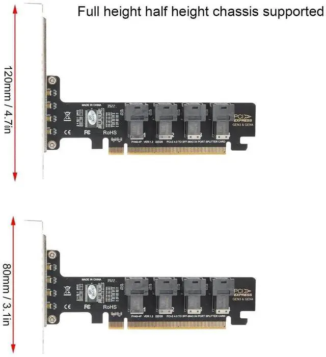 Alt view image 4 of 6 - WRIARICH PCIe x16 to 4-Port U.2 NVMe Expansion Card, PCIe 4.0 SFF-8643 Splitter Adapter Compatible with SFF-8639 U.2 SSD, Individual LED Activity Indicators for Server & Workstation