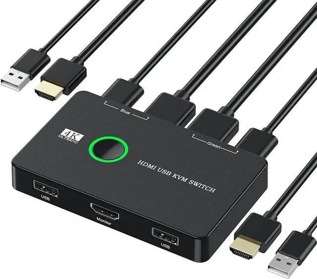 Main image of WRIARICH 2 Port HDMI KVM Switch 4K@60Hz, 2 PCs Share 1 Monitor Keyboard Mouse Printer, Includes 2 HDMI & 2 USB Cables