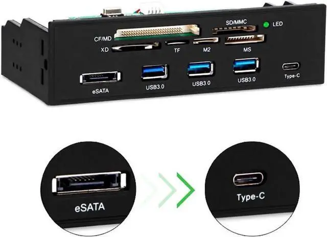 Alt view image 4 of 4 - WRIARICH 5.25 Inch All-in-One Multifunction Front Panel Card Reader, 3 USB3.0 + USB-C + eSATA Internal Media Hub, Full Format Memory Card Reader Supports CF up to 64G, SD/MMC/XD/TF/M2/MS/MD