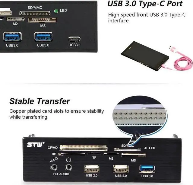 Main image of WRIARICH 5.25 Inch Internal Multi-Function Front Panel Card Reader, USB 3.0 Type-C Media Hub with CF SD MS XD M2 MSO eSATA Port for Desktop Optical Drive Bay