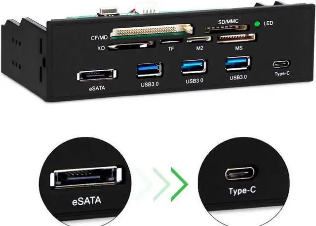 Alt view image 3 of 5 - WRIARICH 5.25 Inch Internal Multi-Function Front Panel Card Reader, USB 3.0 Type-C Media Hub with CF SD MS XD M2 MSO eSATA Port for Desktop Optical Drive Bay