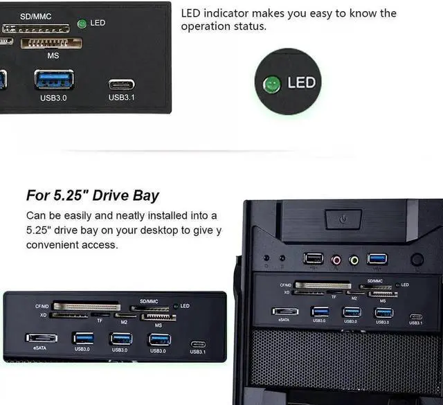 Alt view image 5 of 5 - WRIARICH 5.25 Inch Internal Multi-Function Front Panel Card Reader, USB 3.0 Type-C Media Hub with CF SD MS XD M2 MSO eSATA Port for Desktop Optical Drive Bay