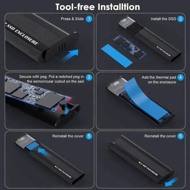 Alt view image 5 of 5 - WRIARICH Tool-Free M.2 SSD Enclosure USB C 3.2 Gen2 10Gbps, Dual Protocol NVMe & SATA M.2 Adapter, Fits M/B+M Key 2280/2260/2240 NGFF Solid State Drives