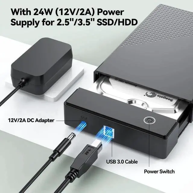 Alt view image 2 of 7 - WRIARICH 3.5 Inch SATA Hard Drive Enclosure, USB 3.0 External HDD Case Supports UASP & Max 20TB Storage, Comes with 12V 24W Power Adapter for Data Recovery & Desktop Storage Backup