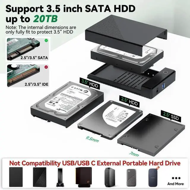 Alt view image 6 of 7 - WRIARICH 3.5 Inch SATA Hard Drive Enclosure, USB 3.0 External HDD Case Supports UASP & Max 20TB Storage, Comes with 12V 24W Power Adapter for Data Recovery & Desktop Storage Backup