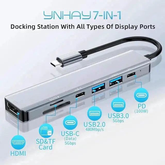 Alt view image 4 of 7 - WRIARICH 7-in-1 USB-C Multiport Hub Dock with 4K HDMI, SD/TF Card Reader, USB 3.0, USB 2.0, 100W PD Charging Port, Type-C Adapter Dongle Compatible with MacBook Pro & All USB-C Laptops
