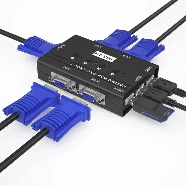 Main image of MT-VIKI 4 Port VGA KVM Switch, 4 PCs Share 1 Monitor Keyboard Mouse Printer, Built-in 3 USB 2.0 Hub, 4 VGA KVM Cables Included, Compatible with Dell HP Lenovo ASUS Acer All Brand Desktops Laptops