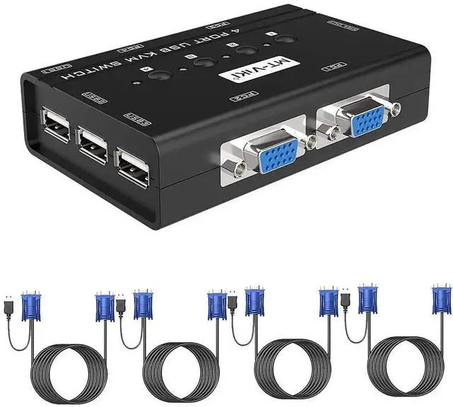Alt view image 6 of 7 - MT-VIKI 4 Port VGA KVM Switch, 4 PCs Share 1 Monitor Keyboard Mouse Printer, Built-in 3 USB 2.0 Hub, 4 VGA KVM Cables Included, Compatible with Dell HP Lenovo ASUS Acer All Brand Desktops Laptops