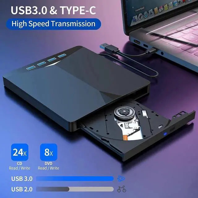 Alt view image 2 of 7 - WRIARICH 7 in 1 External CD DVD Drive USB3.0 Type-C DVD +/-RW Burner with 4 USB Ports SD TF Card Reader Compatible with Mac OS MacBook Laptop PC