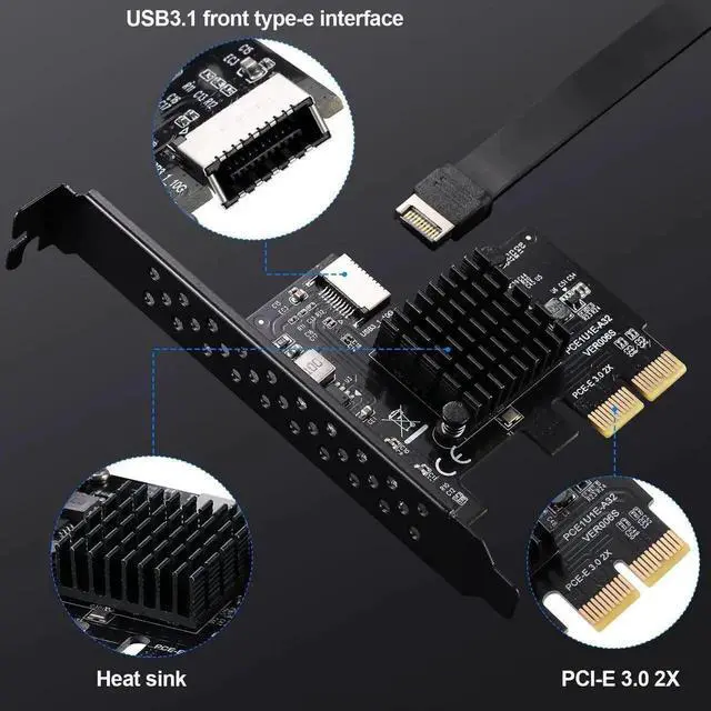 Alt view image 2 of 6 - WRIARICH PCIe 3.0 X2 USB3.1 Gen2 Expansion Card with ASM3142 Chip, 10Gbps A-Key Type-E 20Pin Internal Front Panel Type-C Header Adapter