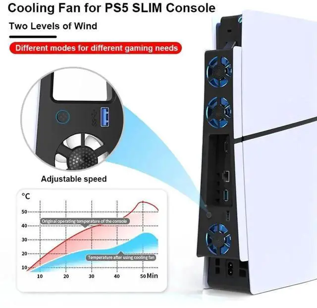 Alt view image 2 of 3 - WRIARICH Silent Enhanced Cooling Fan for PS5 Slim Console, 3-Level Adjustable Speed, Efficient Cooling System with USB 3.0 Port, Compatible with Digital/Disc Editions