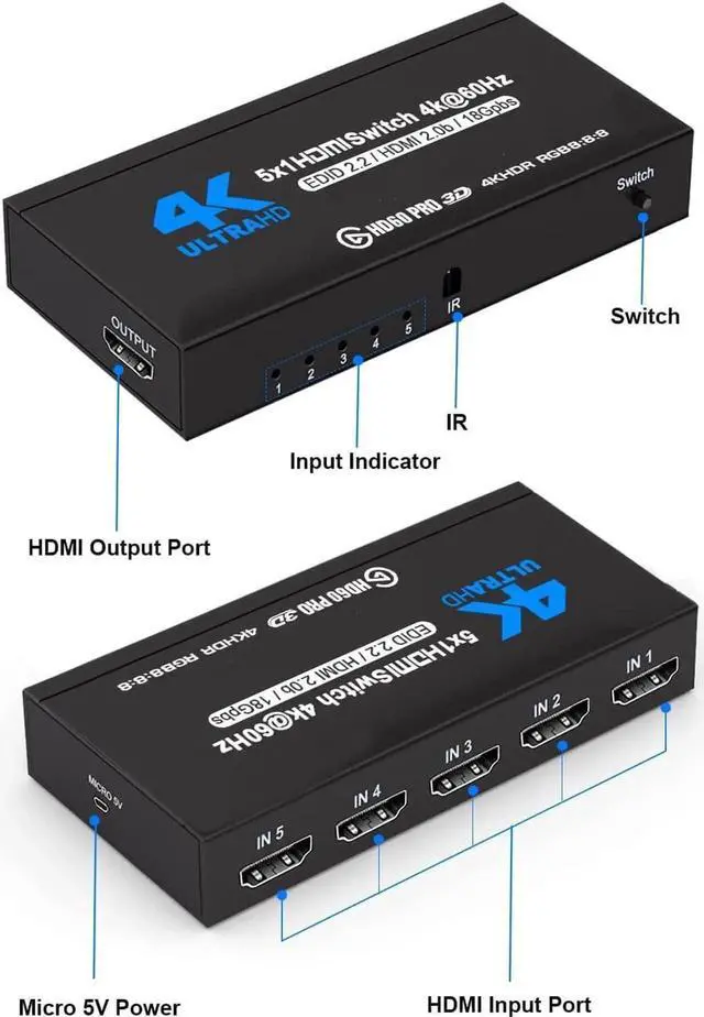Alt view image 2 of 7 - 5 in 1 Out 4K@60Hz HDMI Switch with IR Remote Control, 5-Port HDMI Selector Hub Model OZQ3-4, Supports 3D & HDCP2.2, Compatible with PS4, Xbox One, Fire TV, Apple TV, Sky Box, STB, DVD Player, Roku