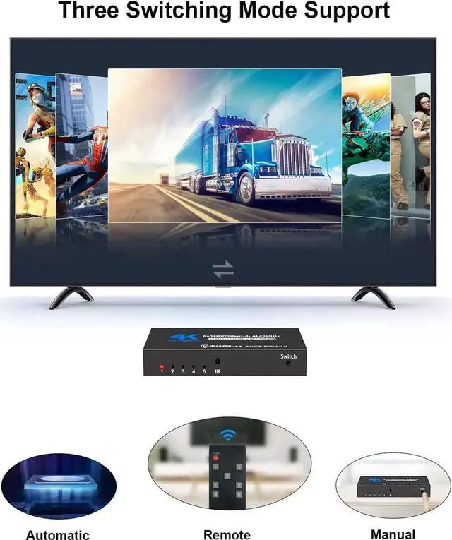 Alt view image 4 of 7 - 5 in 1 Out 4K@60Hz HDMI Switch with IR Remote Control, 5-Port HDMI Selector Hub Model OZQ3-4, Supports 3D & HDCP2.2, Compatible with PS4, Xbox One, Fire TV, Apple TV, Sky Box, STB, DVD Player, Roku