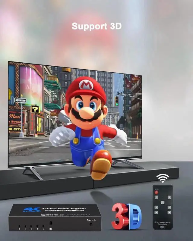 Alt view image 5 of 7 - 5 in 1 Out 4K@60Hz HDMI Switch with IR Remote Control, 5-Port HDMI Selector Hub Model OZQ3-4, Supports 3D & HDCP2.2, Compatible with PS4, Xbox One, Fire TV, Apple TV, Sky Box, STB, DVD Player, Roku