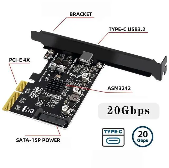 Alt view image 3 of 7 - WRIARICH USB 3.2 Gen2 Type-C 20Gbps USB-C to PCIe 4X Expansion Card Adapter, PCI-E 4X to USB-C Port Converter for Desktop Motherboard