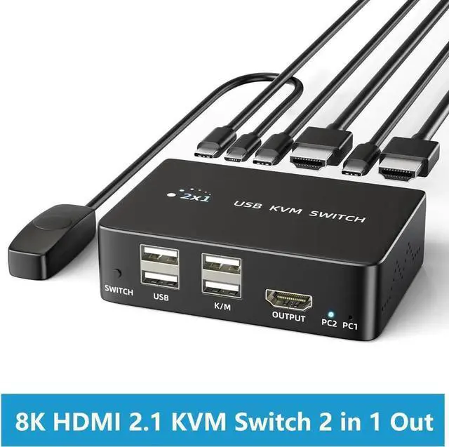 Main image of WRIARICH 2-Port HDMI 2.1 8K KVM Switch 2 In 1 Out, Supports 8K@60Hz & 4K@120Hz, 4 USB2.0 Ports, Desktop Controller & 2 USB Cables Included for 2 PCs Sharing 1 Monitor Keyboard Mouse