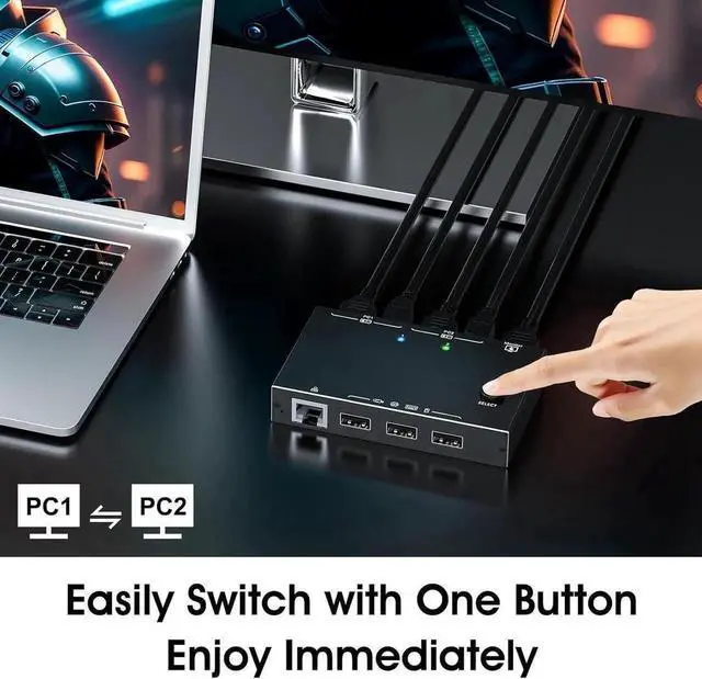 Alt view image 2 of 6 - WRIARICH 2 Port HDMI KVM Switch with Ethernet Port, 2 In 1 Out 4K@60Hz KVM Switcher, 2 PCs Share 1 Monitor & 3 USB Peripherals for Keyboard Mouse, Built-in Ethernet Port