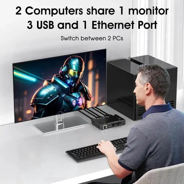 Alt view image 3 of 6 - WRIARICH 2 Port HDMI KVM Switch with Ethernet Port, 2 In 1 Out 4K@60Hz KVM Switcher, 2 PCs Share 1 Monitor & 3 USB Peripherals for Keyboard Mouse, Built-in Ethernet Port
