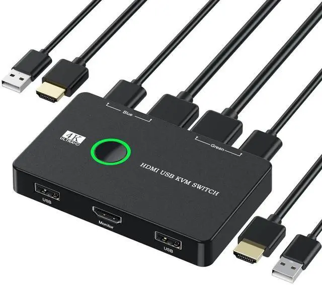 Main image of WRIARICH 2 Port HDMI KVM Switch 4K@60Hz, 2 PCs Share One HD Monitor, Keyboard, Mouse & Printer, Equipped with 2 HDMI Cables and 2 USB Cables