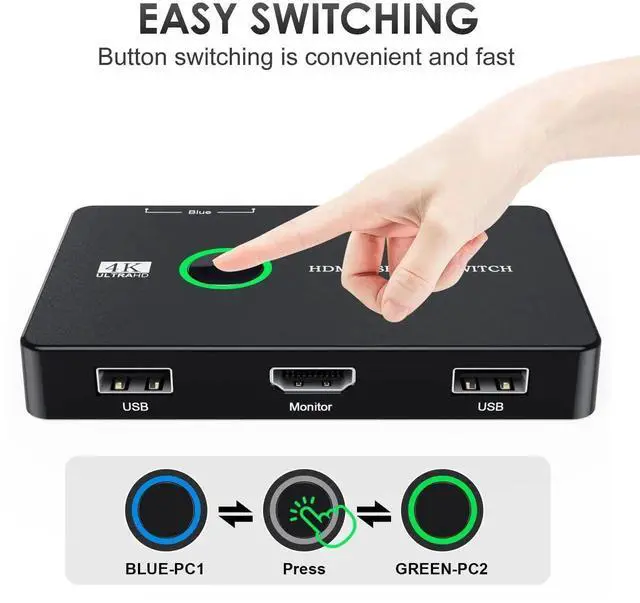 Alt view image 2 of 6 - WRIARICH 2 Port HDMI KVM Switch 4K@60Hz, 2 PCs Share One HD Monitor, Keyboard, Mouse & Printer, Equipped with 2 HDMI Cables and 2 USB Cables
