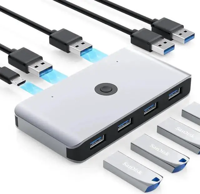 Main image of WRIARICH 2 In 4 Out USB 3.0 KVM Switch Selector, 2 PCs Share 4 USB 3.0 Peripherals, One Button Switch Adapter for Keyboard Mouse Printer Scanner Laptop PC, Includes 2 USB 3.0 Cables