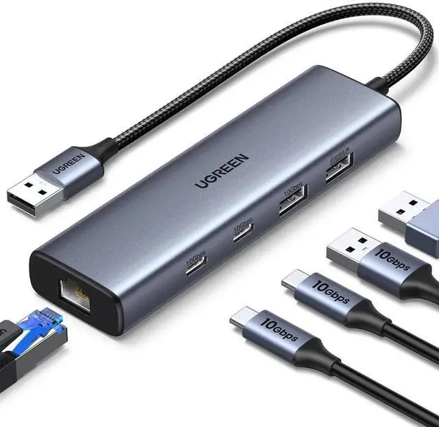 Main image of WRIARICH 5-in-1 USB Hub with Gigabit Ethernet Adapter, 10Gbps USB-C 3.2 ×2 + USB-A 3.2 + USB-A 2.0 RJ45 LAN Network Dongle, Compatible with MacBook Pro/Air, Dell XPS, Laptops