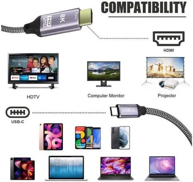 Alt view image 5 of 7 - WRIARICH 1.8m USB3.1 Type-C to HDMI 2.1 Cable, 48Gbps, 8K@30Hz & 4K@120Hz UHD HDR, Compatible with Thunderbolt 3 for TV, Projector & Monitor