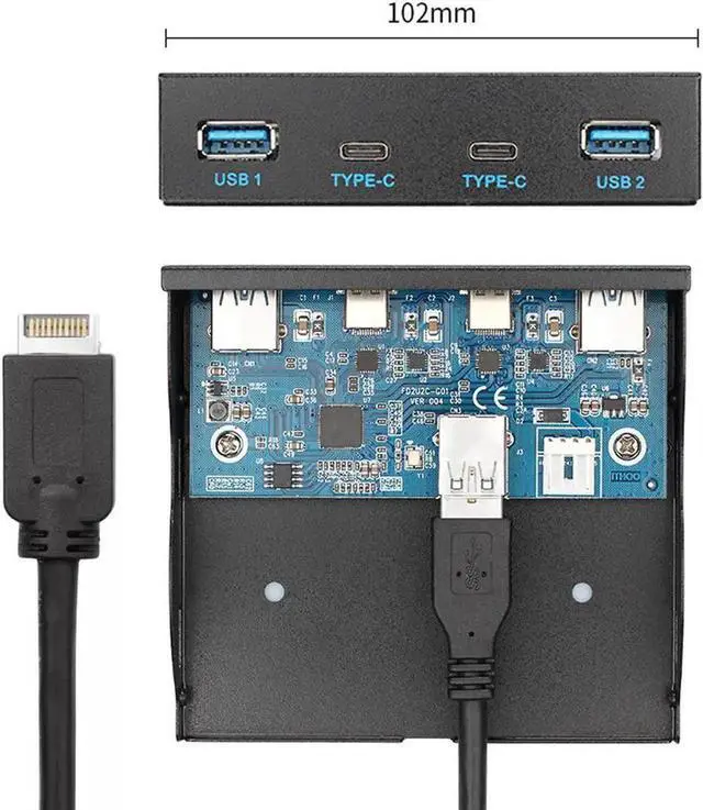 Alt view image 3 of 3 - WRIARICH 3.5 Inch Floppy Bay Front Panel Hub, Motherboard USB 3.1 Header Splitter Cable with USB-C + 3 USB3.0 Ports for Desktop PC Internal Expansion