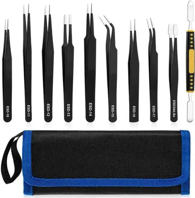 Main image of WRIARICH 10 Pcs ESD Anti-Static Stainless Steel Precision Tweezers Kit, Multi-Type Fine Point Craft Electronic Repair Tweezers Set