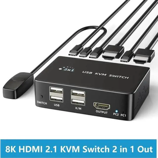 Main image of WRIARICH 2 Port HDMI 2.1 KVM Switch 8K@60Hz/4K@120Hz, 2 In 1 Out KVM Switch for 2 PCs Share 1 Monitor, 4 USB 2.0 Ports, Comes with Desktop Remote Controller & 2 USB Cables