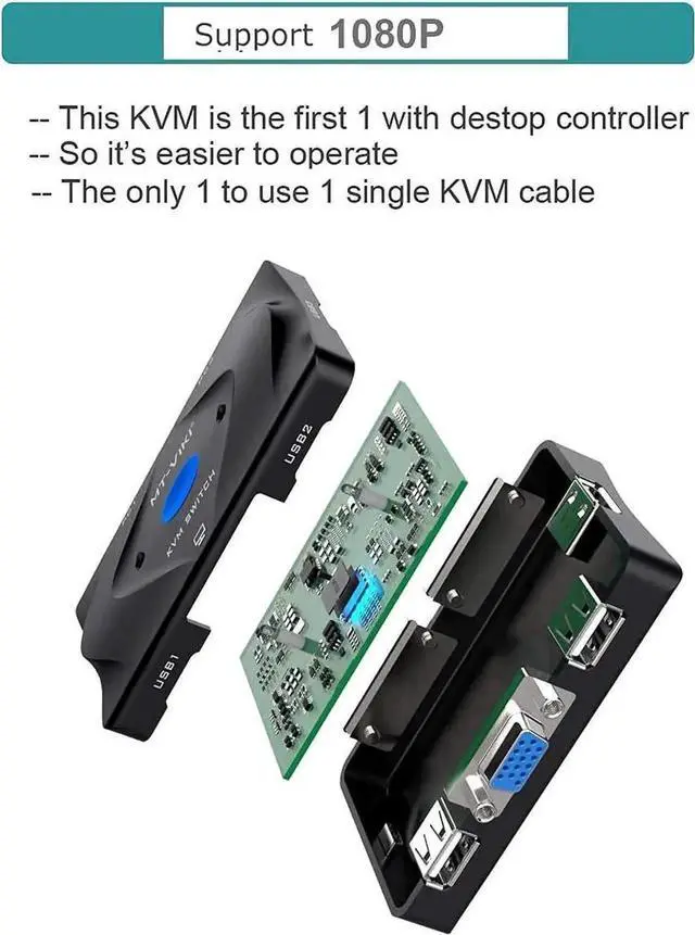 Alt view image 3 of 5 - WRIARICH 2 Port VGA KVM Switch with 3 USB Hub, 2-in-1 Combo Cables & Desktop Remote Selector for 2 PCs Share Monitor Keyboard Mouse