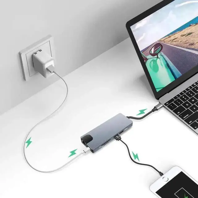 Alt view image 3 of 4 - 9-in-1 USB-C Multiport Docking Hub, USB-C Adapter with Gigabit Ethernet, 4K HDMI, VGA, 100W USB-C PD Charging, 2 USB 3.0, SD TF Card Reader, 3.5mm Audio Jack, Portable USB-C Dock Compatible with MacBo