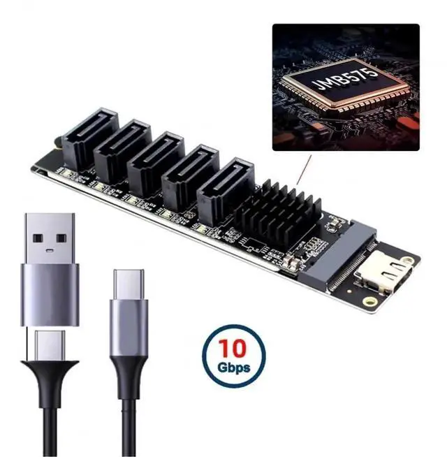 Alt view image 2 of 7 - WRIARICH 10Gbps USB-C to NGFF B+M Key SATA 5-Port Adapter Card, Dual Chip JMS580+JMB575 SATA III 6Gbps Port Multiplier Selector, External Multi-HDD/SSD Storage Expansion Converter